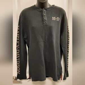 Harley Davidson Waffle Knit Thermal Shirt Mens Medium Black Cotton Long Sleeve